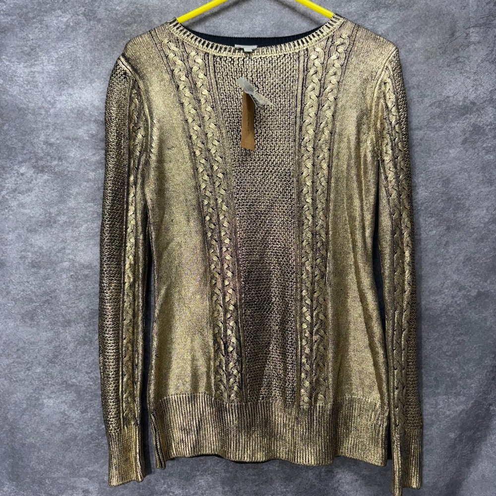 Cremieux Womens Gold Metallic Cable Knit Sweater Size S Holiday Glam Party NWT